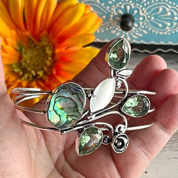 Abalone Shell Peridot Bangle Bracelet Handmade Stone Gemstone Crystal 925 Silver - Picture 8 of 13